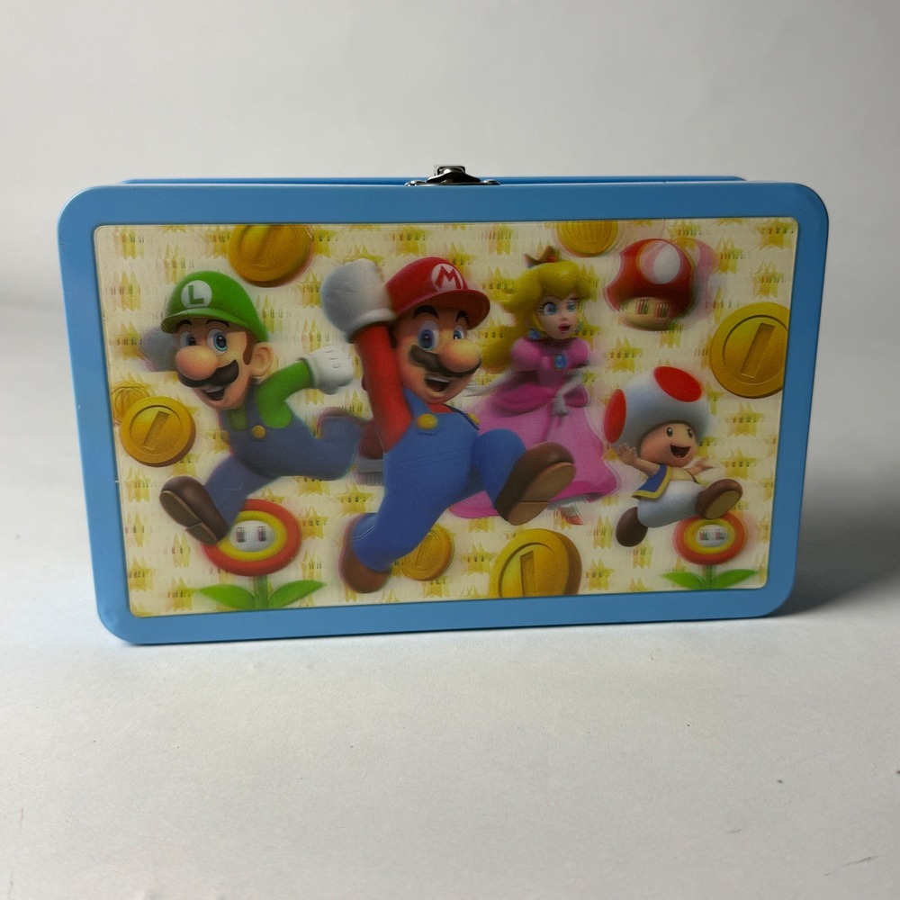 Nintendo Super Mario Bros Blue Metal‎ Lunch Box Storage Tin 22 Mario Luigi Peach